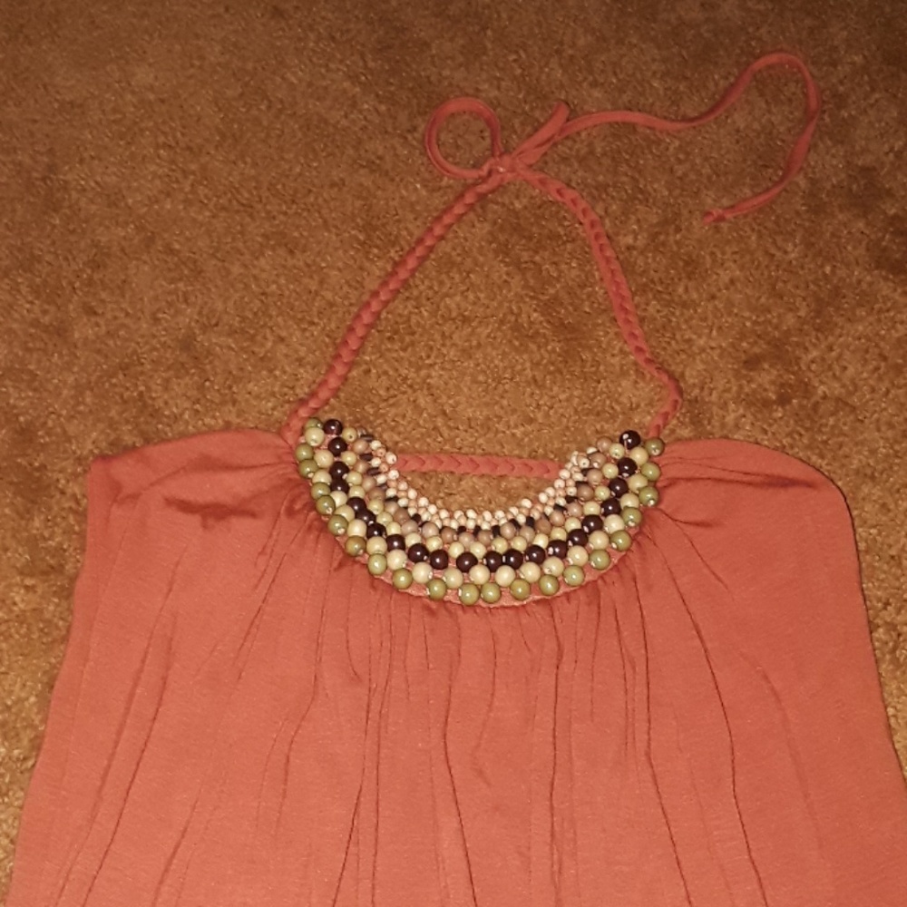 🐙Love Notes-Orange Beaded Halter Maxi Dress - Med